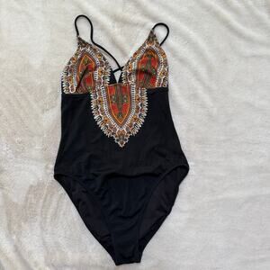 Red Carter One Piece Bathing Suit SZ 12 Open Criss Cross Back Boho Hippie Tribal